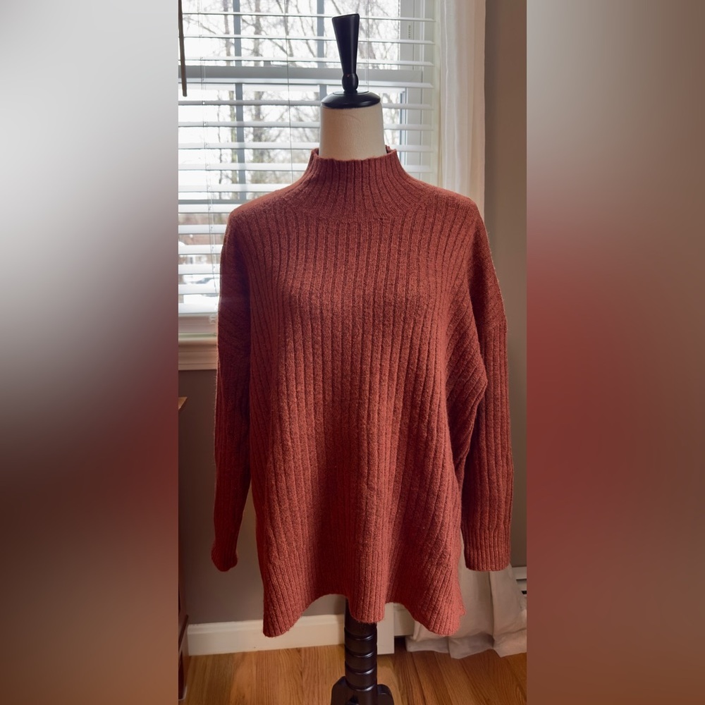 LOFT Ribbed Turtleneck Poncho Style Sweater in Burnt Orange